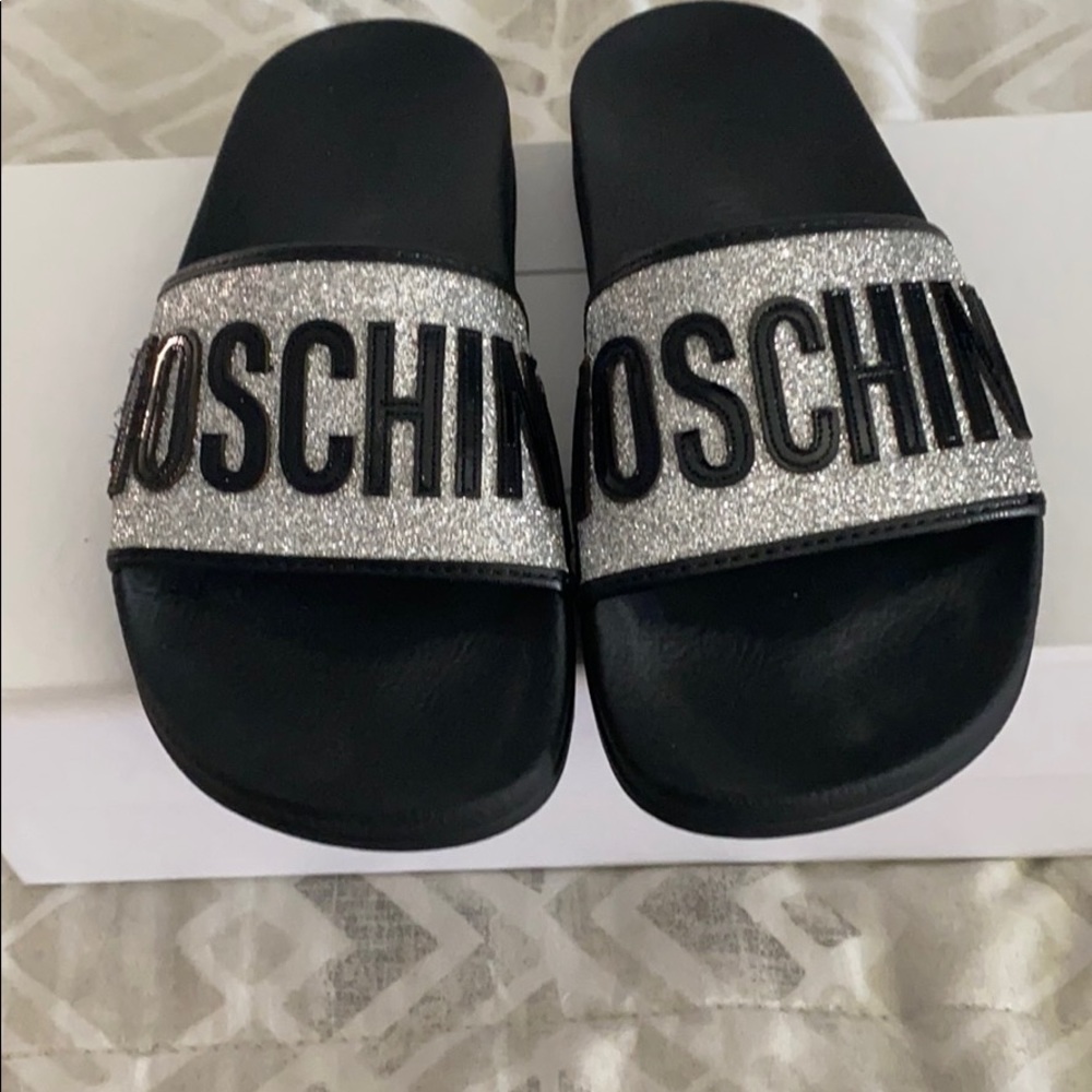 Moschino glittery pool slides
